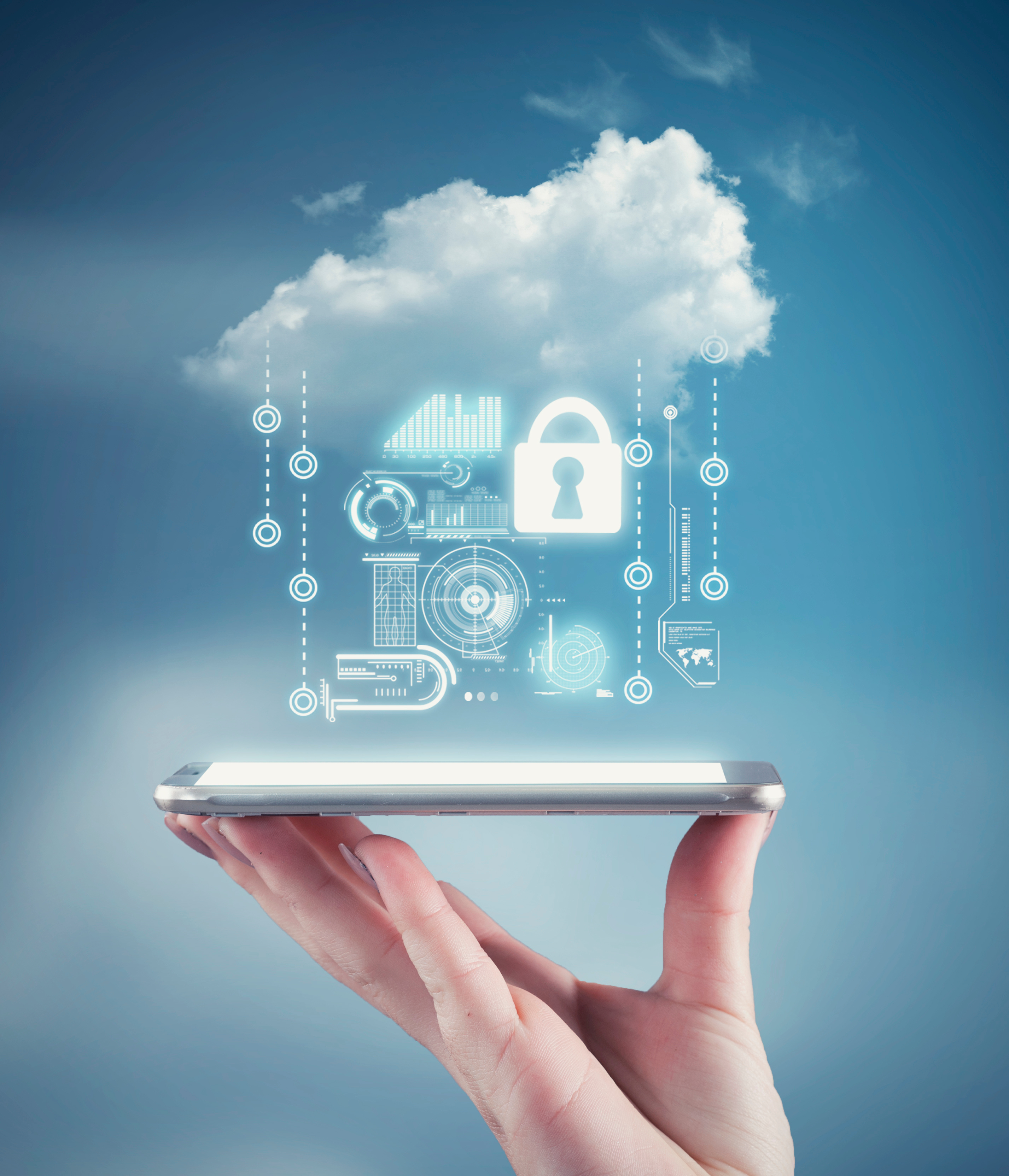 Hand holding a phone with a cloud and personal data information. The concept of personal data security